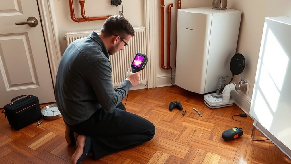 Engineer locating central heating leak using thermal imaging in Golders Green